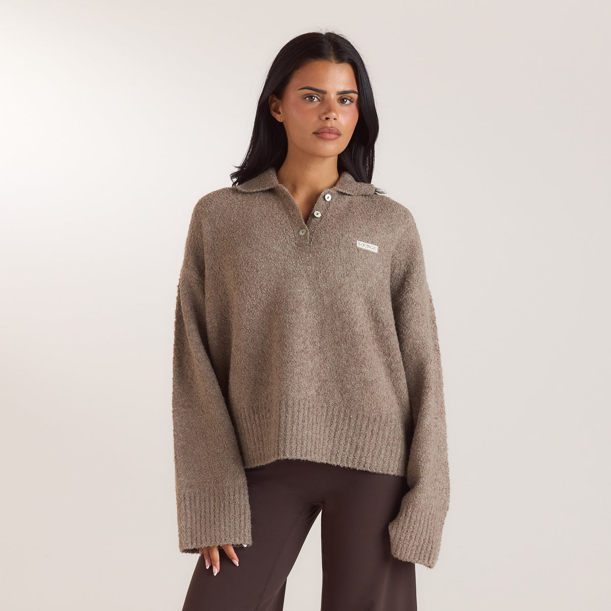 Bouclé Knitted Polo Jumper - Taupe