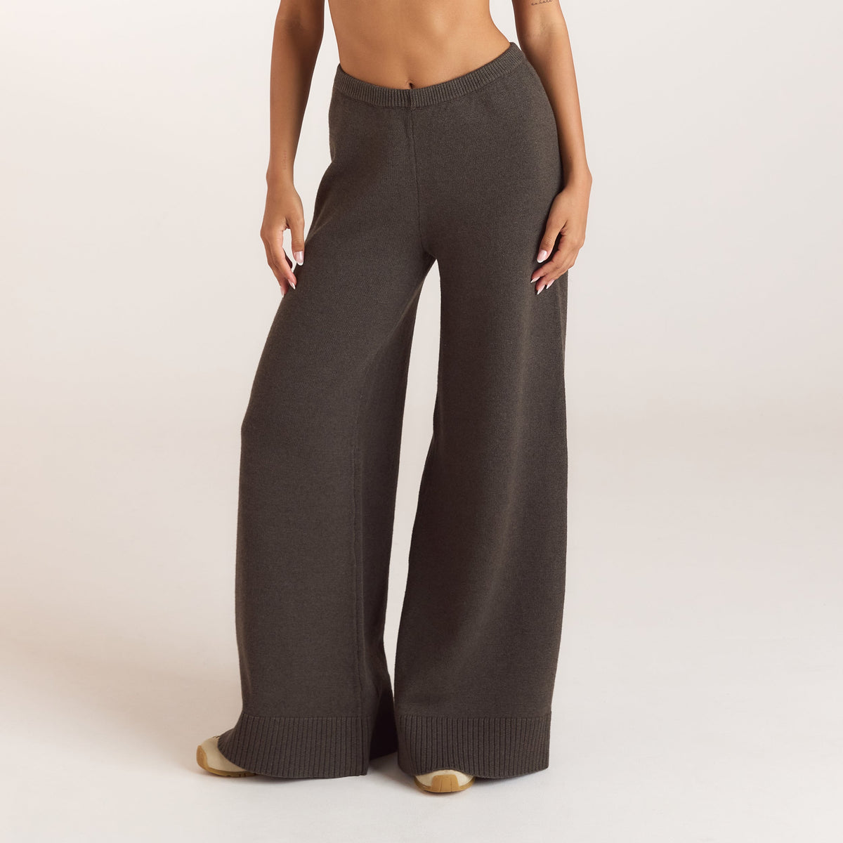 Ribbed Hem Knitted Trousers - Moss Green