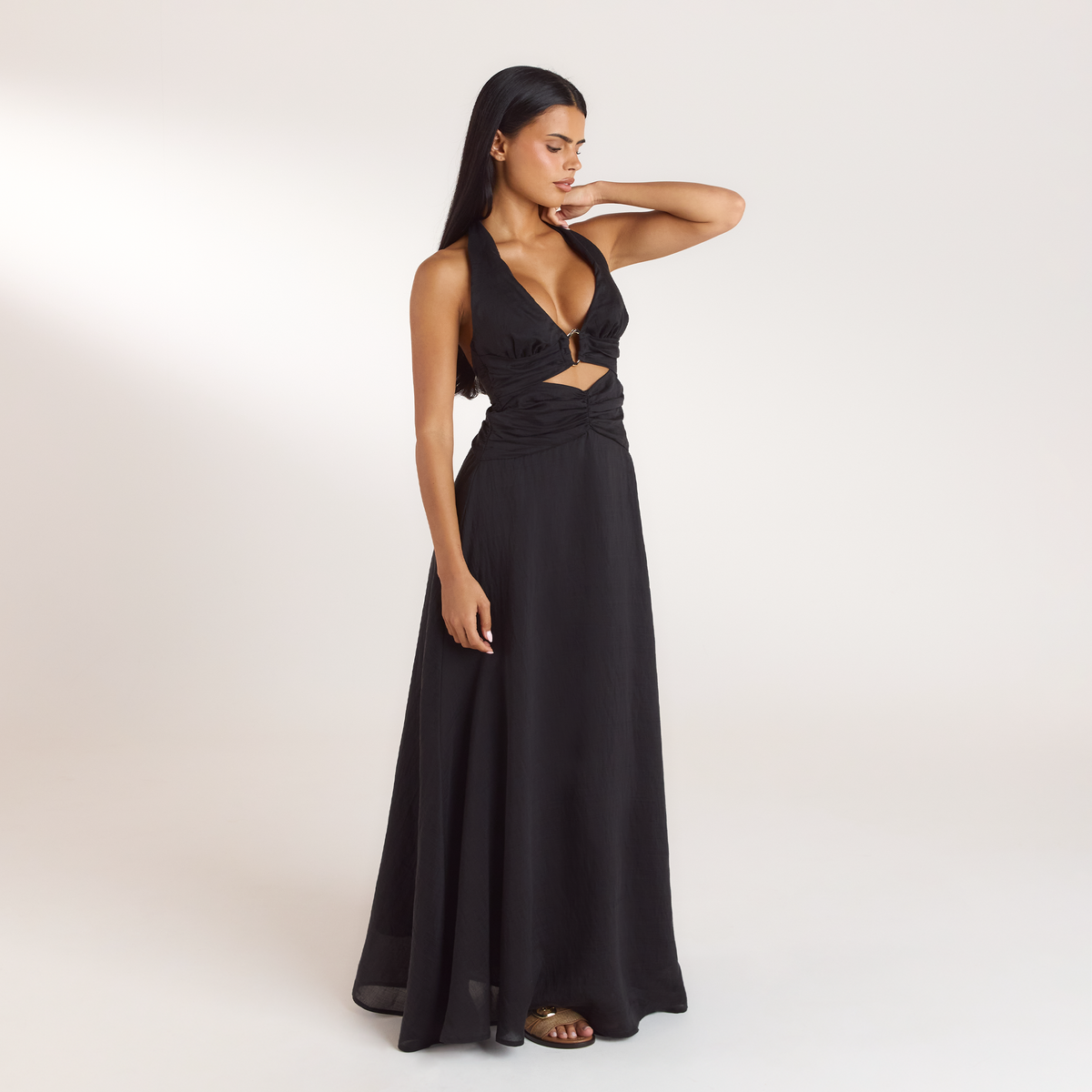 Ruched Tencel Maxi Dress - Black