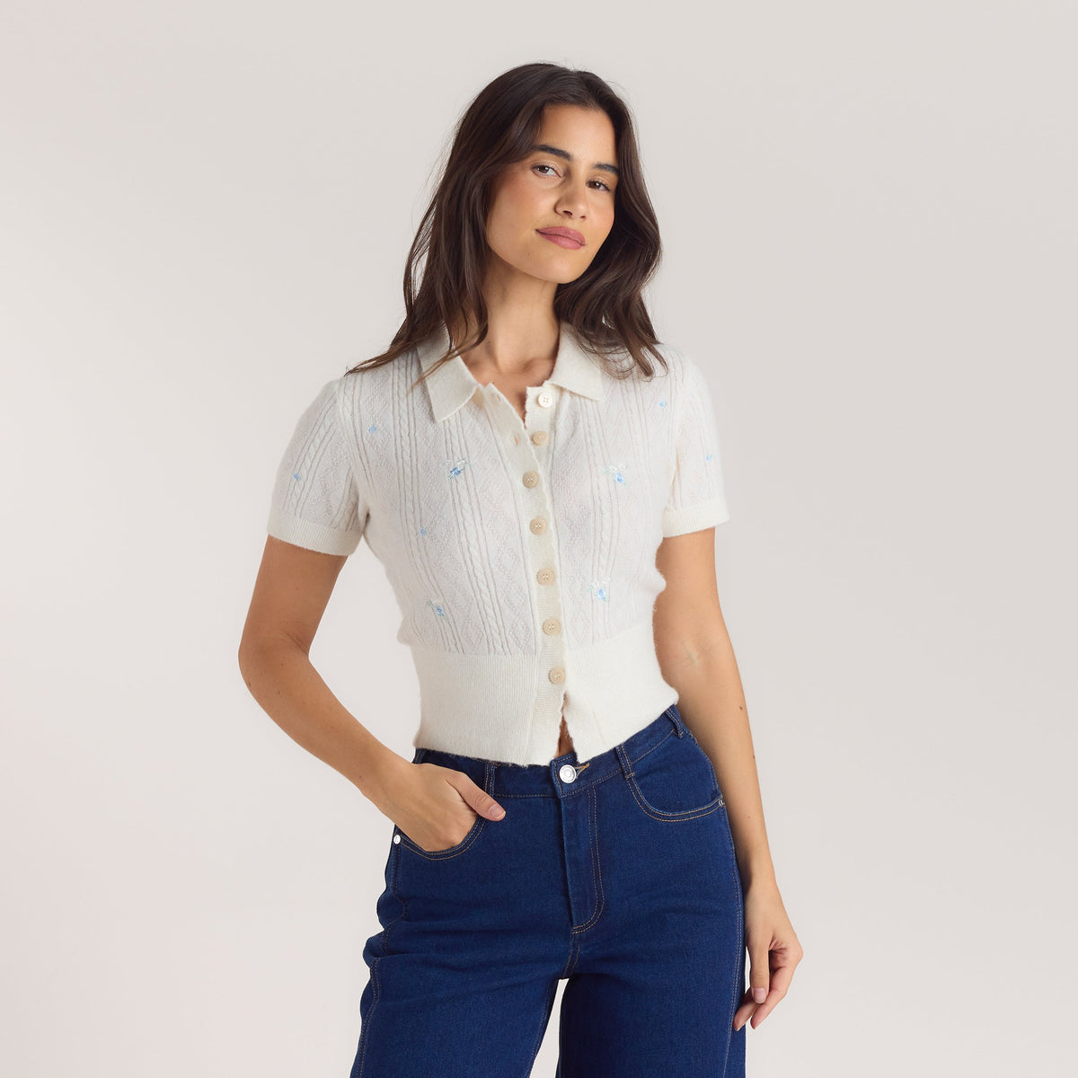 Embroidered Knitted Top - Cream