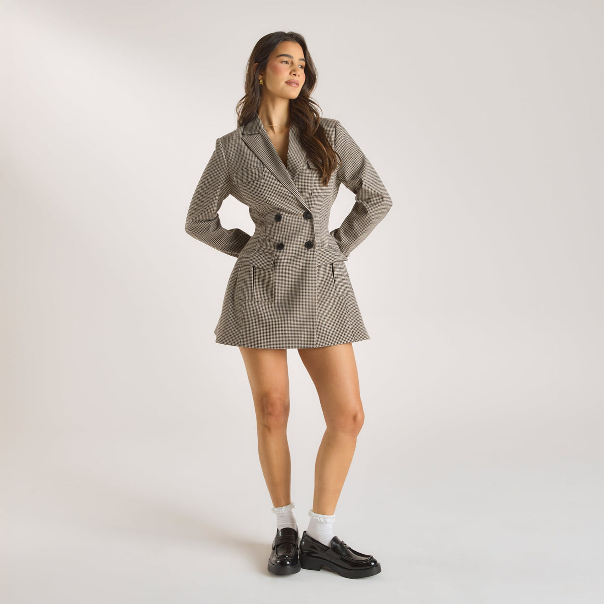 Houndstooth Blazer Dress - Brown
