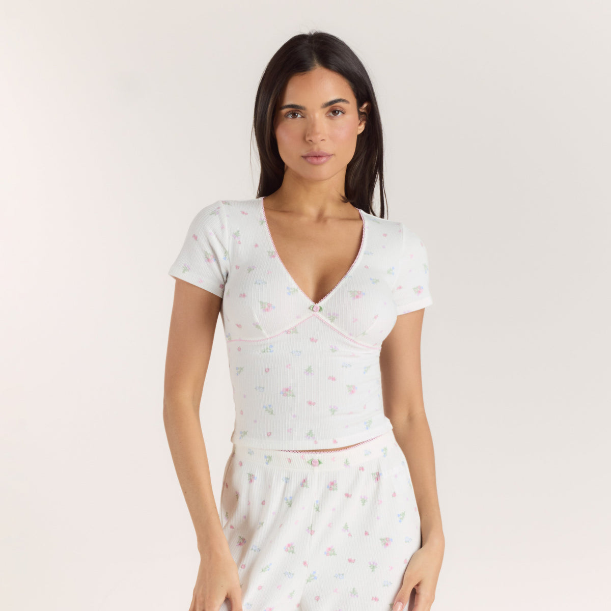 Ribbed Short-Sleeve Pajama Top - White Floral