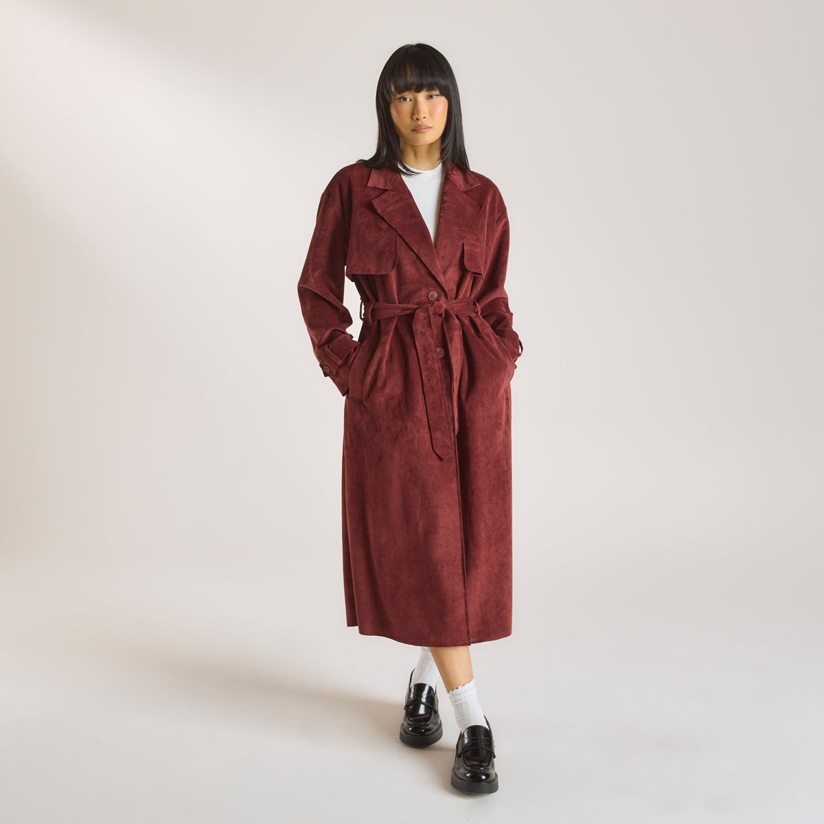 Suedette Trench Coat - Burgundy